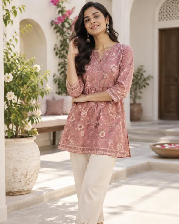 Rose printed short kurti in a heritage courtyard