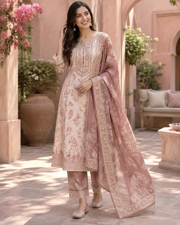 A rose and cream suit set styled in a courtyard