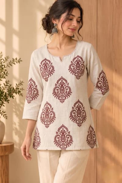 Khadi Block Print Short Kurti in Maroon