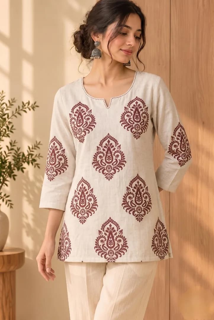 Khadi Block Print Short Kurti in Maroon