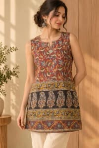 Block Print Sleeveless Short Kurti in Red