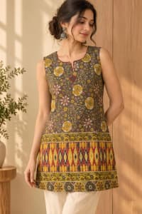 Block Print Sleeveless Short Kurti in Green