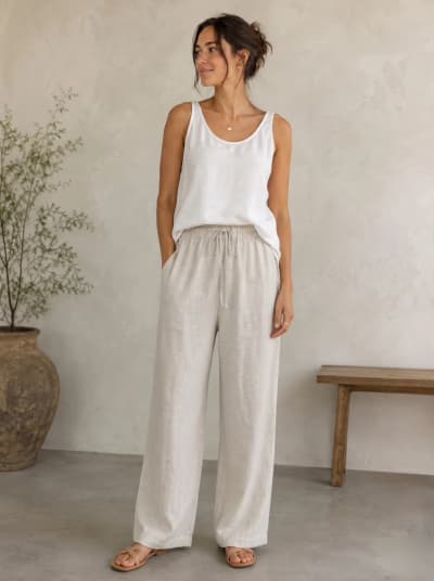 Beige linen wide leg pants